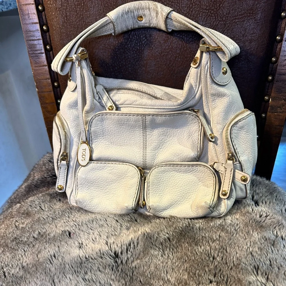 TOD’S Authentic Leather Cream/White Zippered Pockets Designer Satchel Bag
